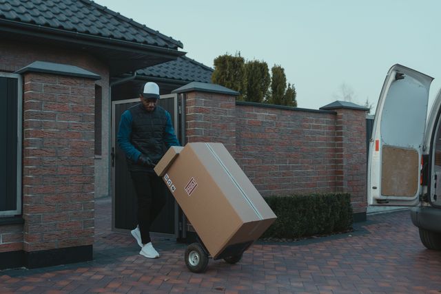 Een leverancier rijdt een doos met een steekkar naar een voordeur